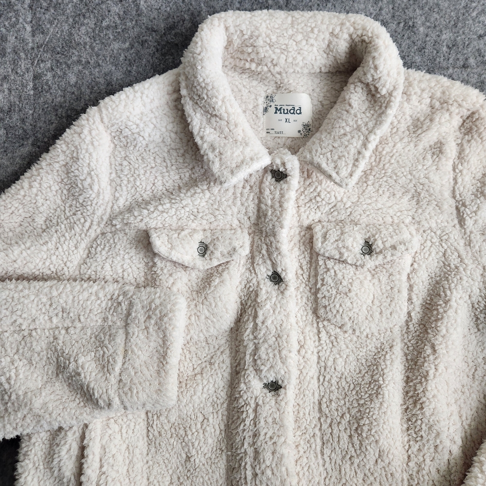 Mudd Teddy Faux Fur Jacket Sweater Women's XL Beige Y2K Fairy Cabin Comfort